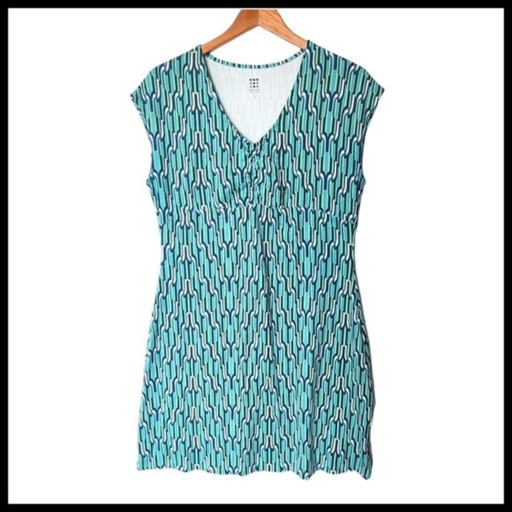 Title Nine Daring Dress V Neck Athletic L Large Green Blue Geometric Print